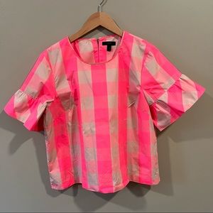 Pink buffalo check top with ruffle sleeves